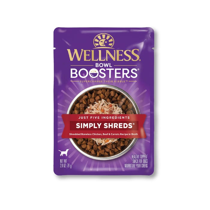 Wellness CORE Bowl Boosters Simply Shreds Chicken, Beef & Carrots Recipe Dog Food Topper 2.8 oz Pouch - Pack of 12 product detail number 1.0