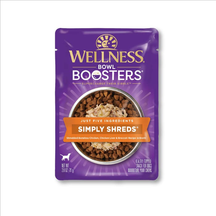 Wellness CORE Bowl Boosters Simply Shreds Chicken, Chicken Liver & Broccoli Recipe Dog Food Topper 2.8 oz Pouch - Pack of 12 product detail number 1.0