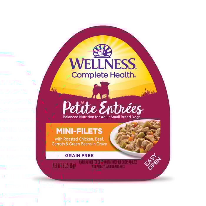 Wellness Small Breed Petite Entrees Mini-Filets Roasted Chicken, Beef, Carrots & Green Beans Grain Free Wet Dog Food 3 oz Cup - Case of 12 product detail number 1.0