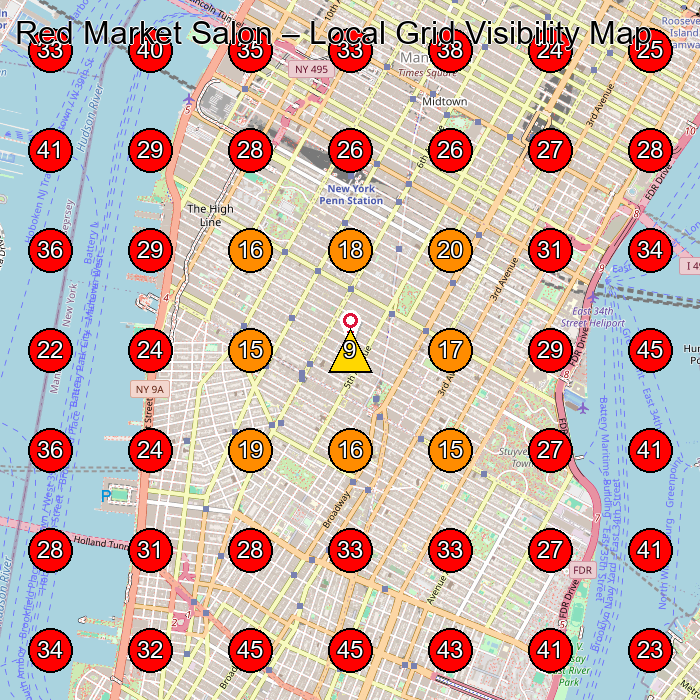 Red Market Salon GeoGrid visibility map for Hair Extension Technician in New York