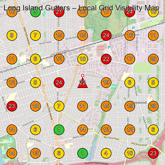 Long Island Gutters Roofing Supply Store GeoGrid ranking map for Deer Park NY