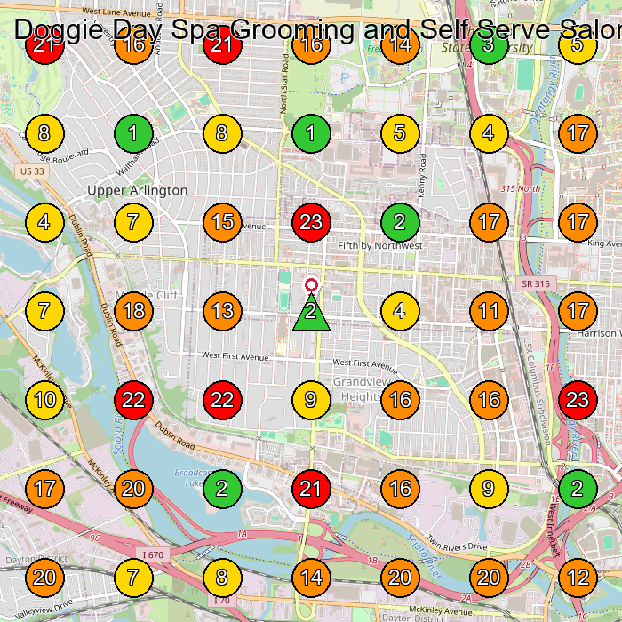 Doggie Day Spa Grooming and Self Serve Salon Pet Groomer GeoGrid ranking map for Columbus OH