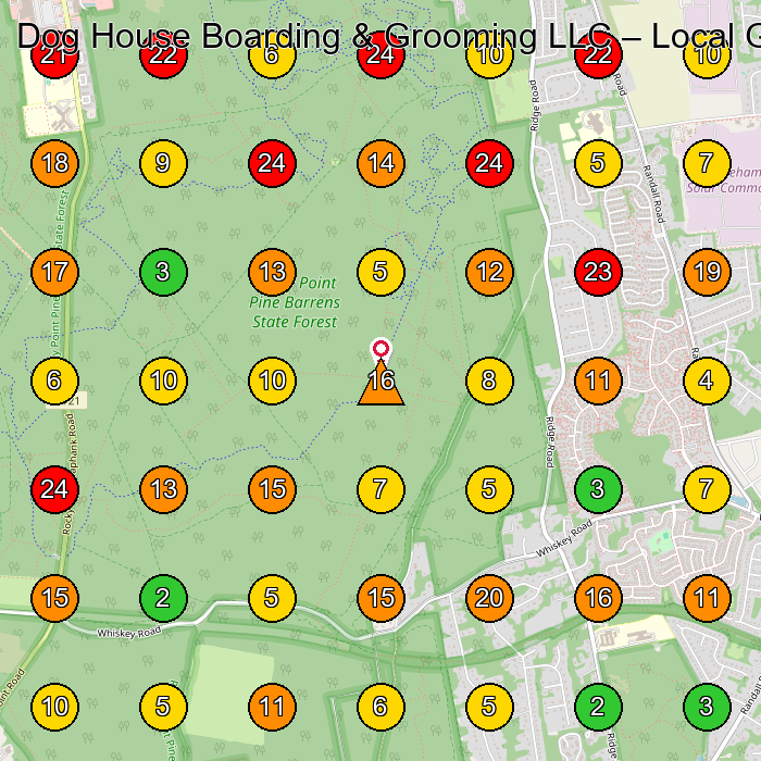 Dog House Boarding & Grooming LLC Pet Groomer GeoGrid ranking map for None