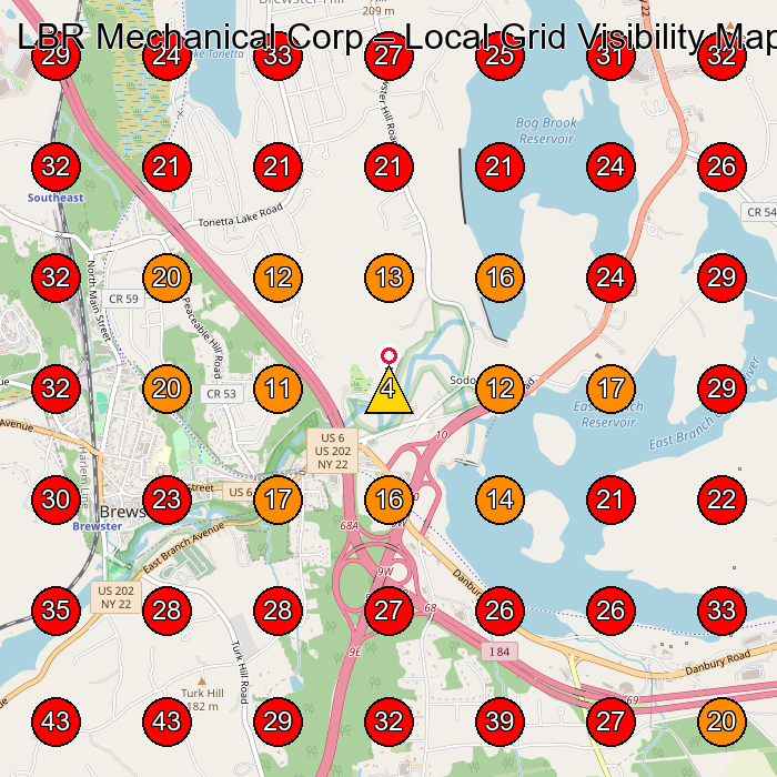 LBR Mechanical Corp GeoGrid visibility map for Plumber in Brewster