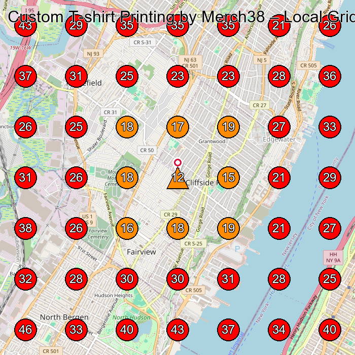Custom T-shirt Printing by Merch38 GeoGrid visibility map for Custom T-Shirt Store in Fairview