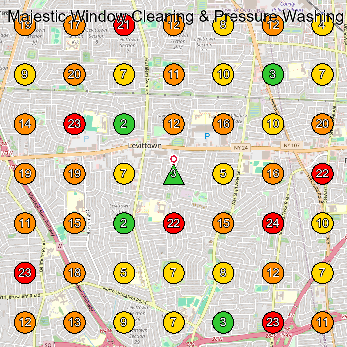 Majestic Window Cleaning & Pressure Washing Pressure Washing Service GeoGrid ranking map for Levittown NY