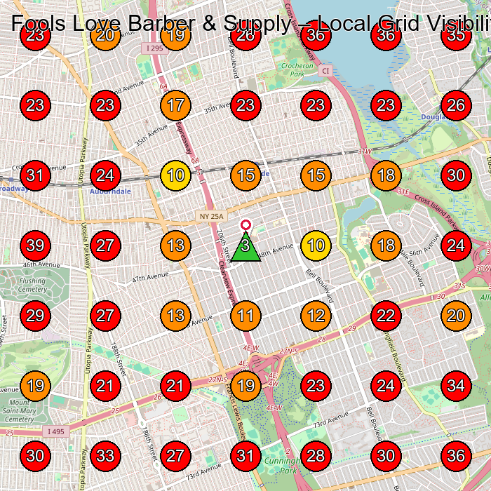 Fools Love Barber & Supply GeoGrid visibility map for Barber Shop in Bayside