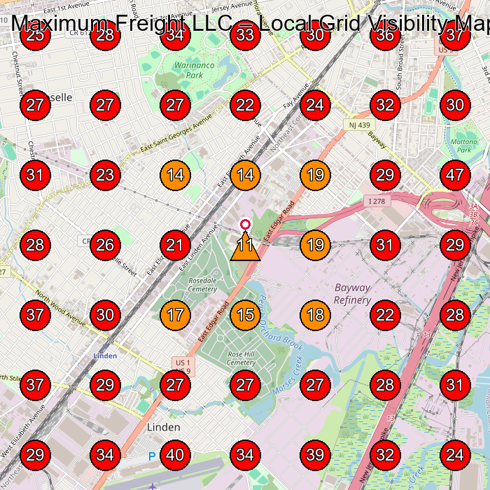 Maximum Freight LLC GeoGrid visibility map for Trucking Company in Linden