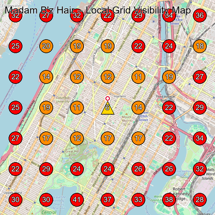 Madam B'z Hair GeoGrid visibility map for Beauty Salon in New York