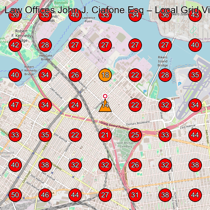 Law Offices John J. Ciafone Esq GeoGrid visibility map for Personal Injury Attorney in Queens