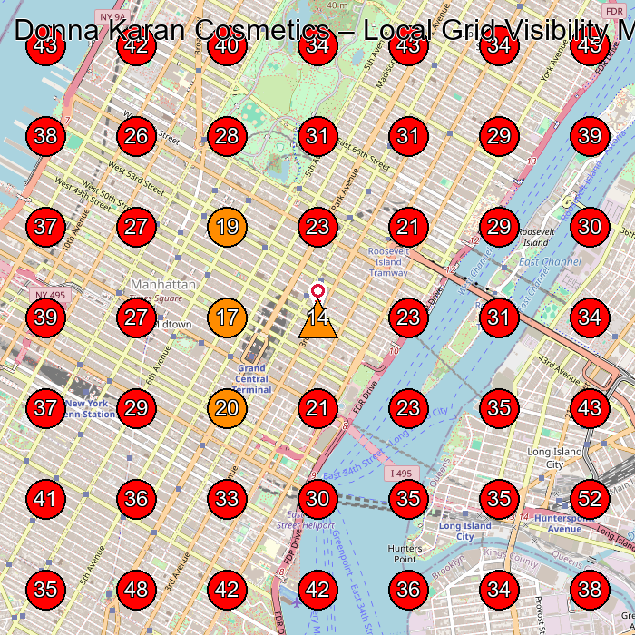 Donna Karan Cosmetics GeoGrid visibility map for Beauty Supply Store in New York