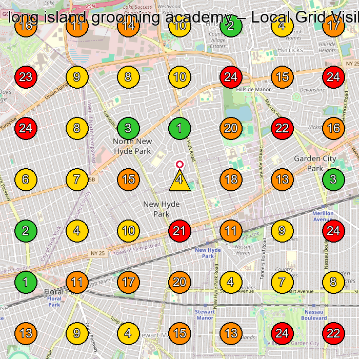 long island grooming academy Pet Groomer GeoGrid ranking map for New Hyde Park NY