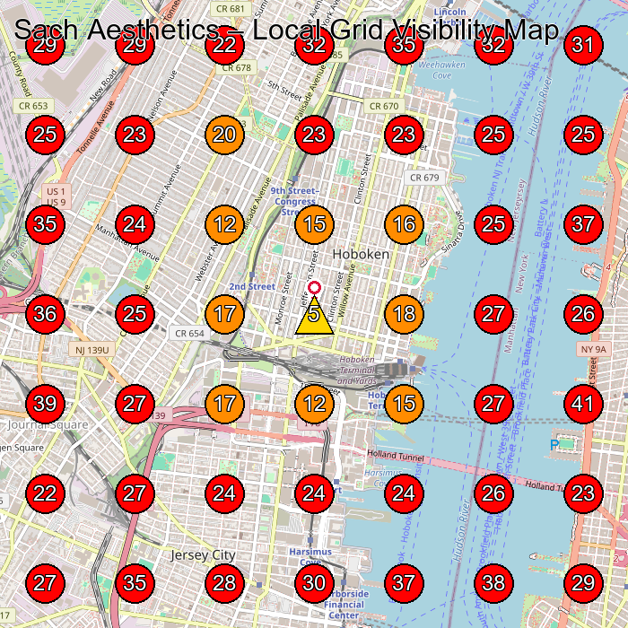 Sach Aesthetics GeoGrid visibility map for Medical Spa in Hoboken