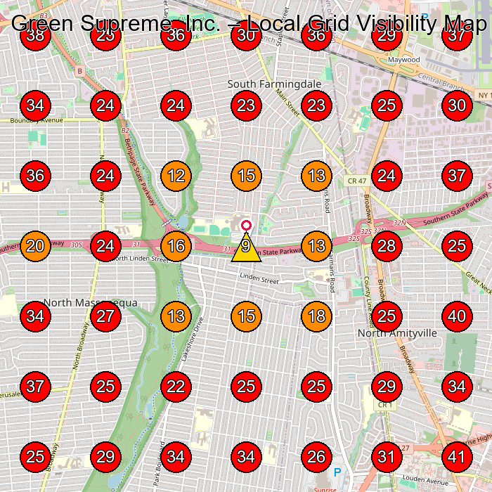 Green Supreme, Inc. GeoGrid visibility map for Lawn Care Service in Amityville