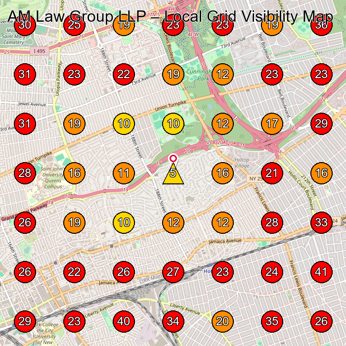 AM Law Group LLP GeoGrid visibility map for Real Estate Attorney in Jamaica