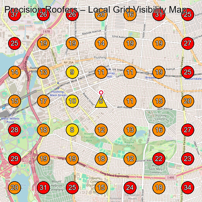 Precision Roofers GeoGrid visibility map for Roofing Contractor in Flushing