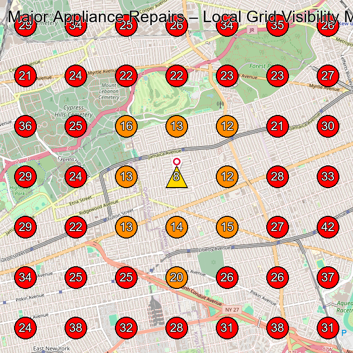 Major Appliance Repairs GeoGrid visibility map for Appliance Repair Service in Woodhaven