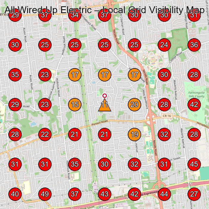All Wired Up Electric GeoGrid visibility map for Electrician in Ronkonkoma