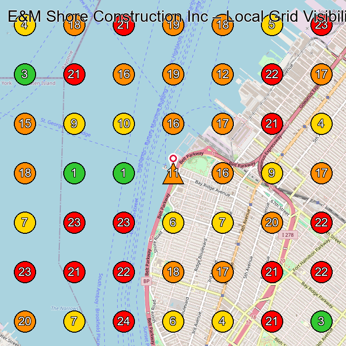 E&M Shore Construction Inc Construction Company GeoGrid ranking map for Brooklyn NY