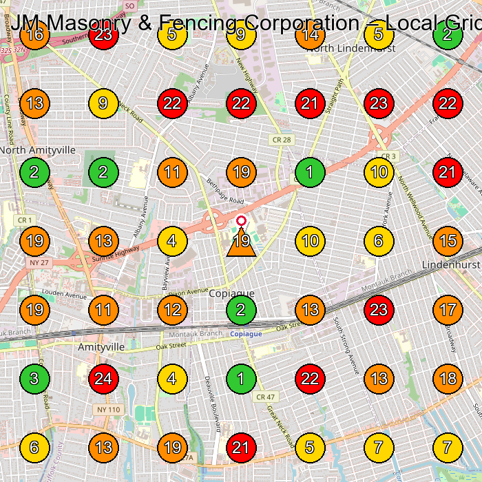 JM Masonry & Fencing Corporation Masonry Contractor GeoGrid ranking map for Copiague NY
