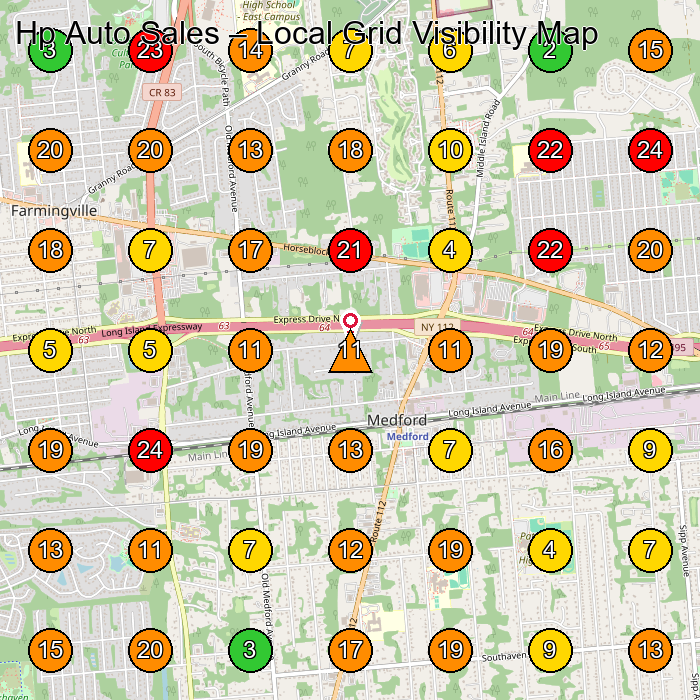 Hp Auto Sales Used Car Dealer GeoGrid ranking map for Medford NY