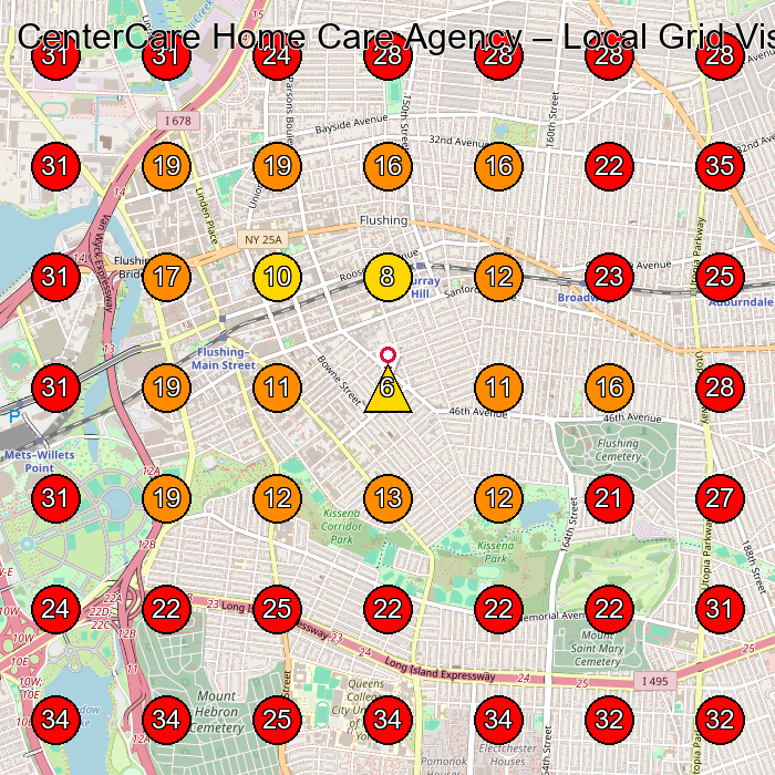 CenterCare Home Care Agency GeoGrid visibility map for Home Health Care Service in Flushing
