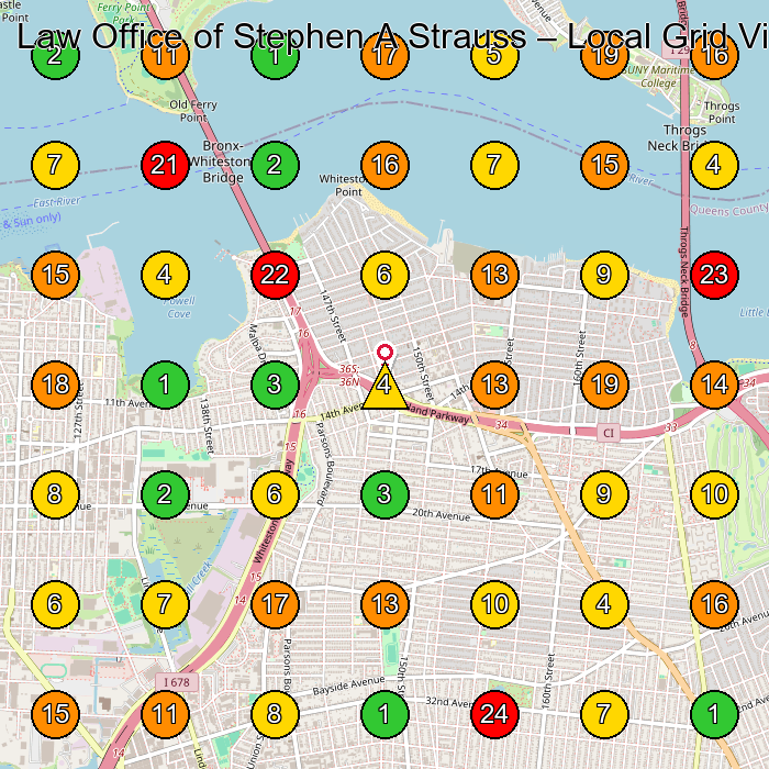 Law Office of Stephen A Strauss Personal Injury Attorney GeoGrid ranking map for Whitestone NY