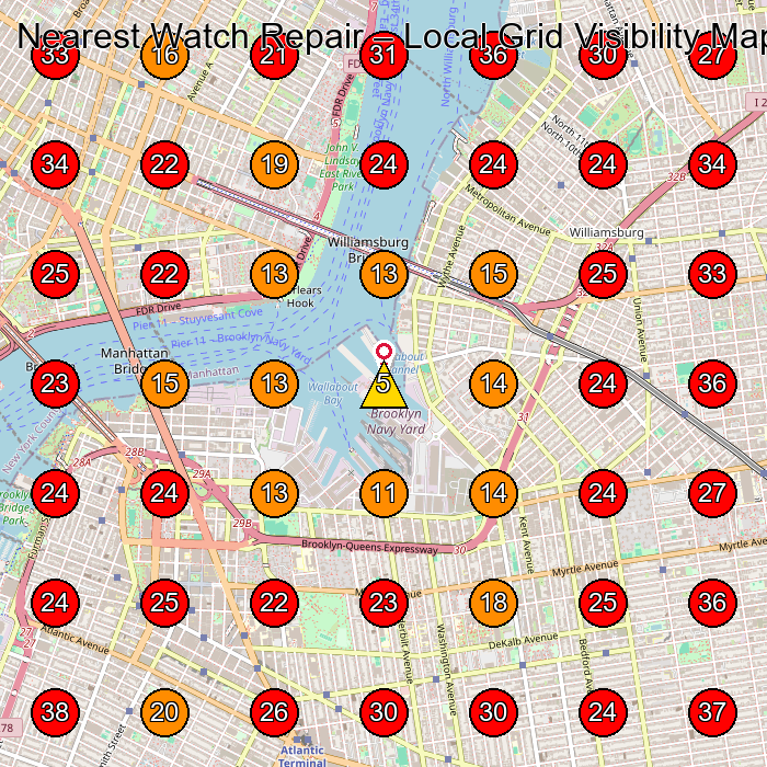 Nearest Watch Repair GeoGrid visibility map for Watch Repair Service in New York
