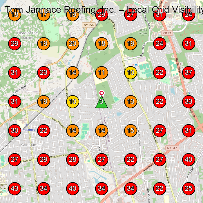Tom Jannace Roofing, Inc. GeoGrid visibility map for Roofing Contractor in St James