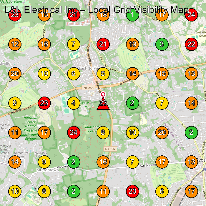 L&L Electrical Inc Electrician GeoGrid ranking map for East Norwich NY