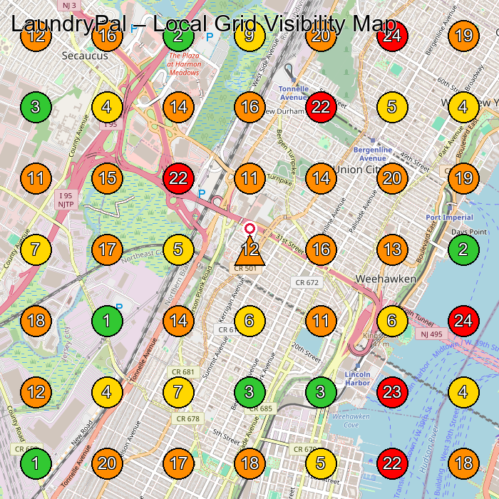 LaundryPal Laundry Service GeoGrid ranking map for Union City NJ