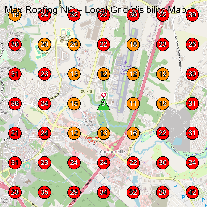 Max Roofing NC GeoGrid visibility map for Lawn Care Service in None