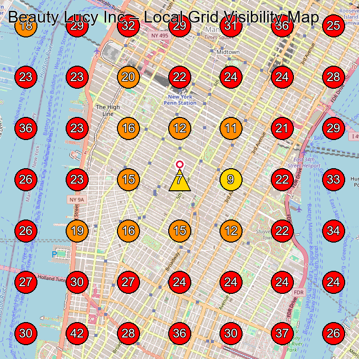 Beauty Lucy Inc GeoGrid visibility map for Sewing Shop in New York