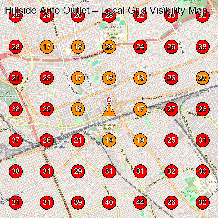 Hillside Auto Outlet GeoGrid visibility map for Used Car Dealer in Jamaica