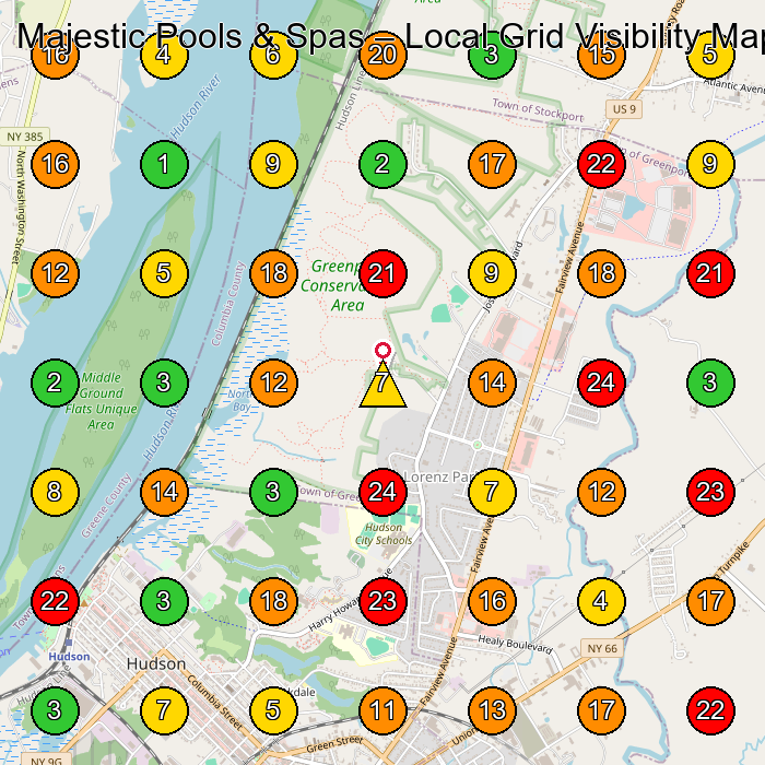 Majestic Pools & Spas Swimming Pool Contractor GeoGrid ranking map for Hudson NY