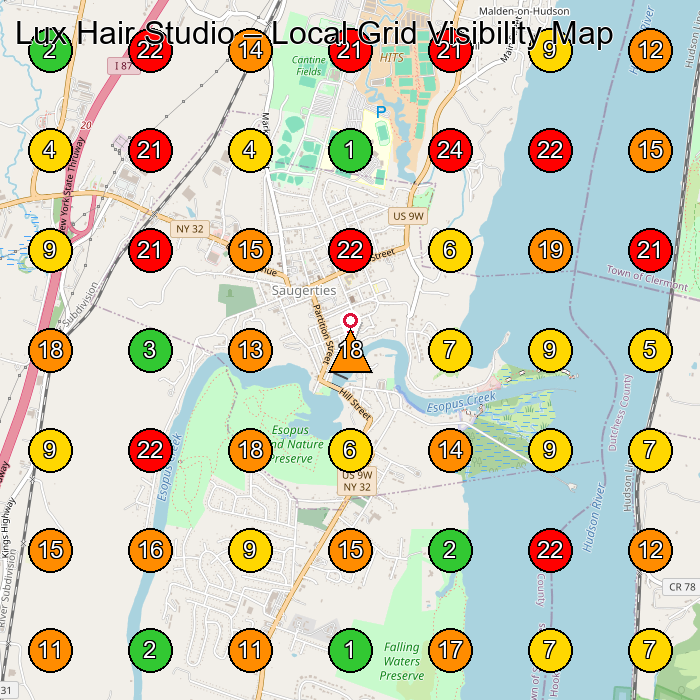 Lux Hair Studio Hair Salon GeoGrid ranking map for Saugerties NY