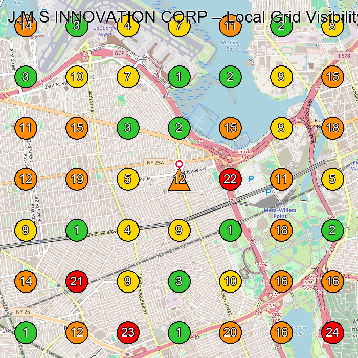 J.M.S INNOVATION CORP Construction And Maintenance Office GeoGrid ranking map for Queens NY