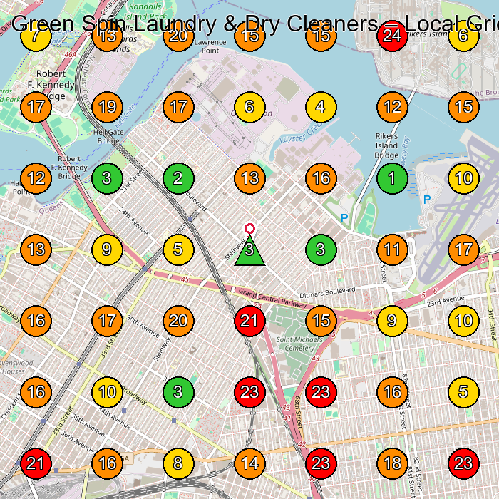 Green Spin Laundry & Dry Cleaners Laundromat GeoGrid ranking map for Astoria NY