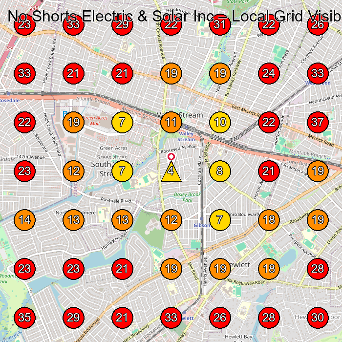 No Shorts Electric & Solar Inc GeoGrid visibility map for Electrician in Rosedale