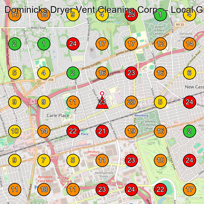 Dominicks Dryer Vent Cleaning Corp. Dryer Vent Cleaning Service GeoGrid ranking map for Westbury NY