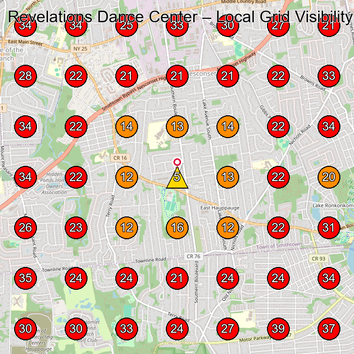 Revelations Dance Center GeoGrid visibility map for Dance School in St James