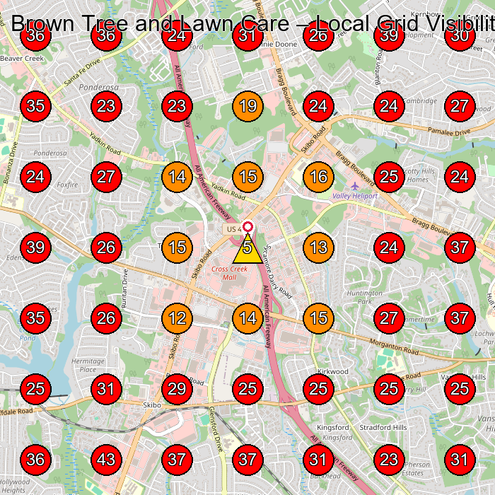 Brown Tree and Lawn Care GeoGrid visibility map for Hvac Contractor in Hope Mills