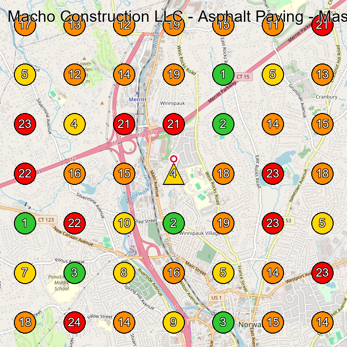 Macho Construction LLC - Asphalt Paving - Masonry - Norwalk, CT Paving Contractor GeoGrid ranking map for Norwalk CT