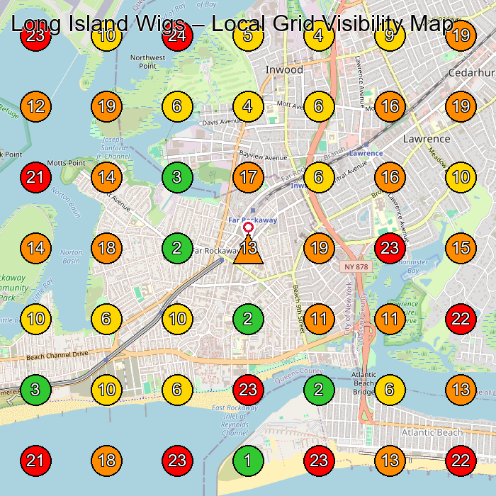 Long Island Wigs Wig Shop GeoGrid ranking map for Lawrence NY