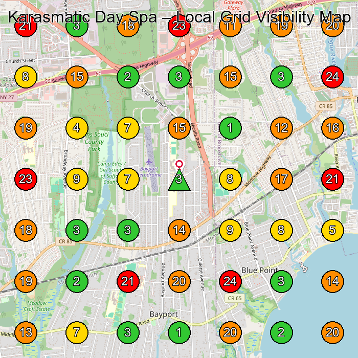 Karasmatic Day Spa Day Spa GeoGrid ranking map for Bayport NY