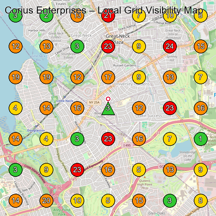 Corjus Enterprises Appliance Repair Service GeoGrid ranking map for Great Neck NY