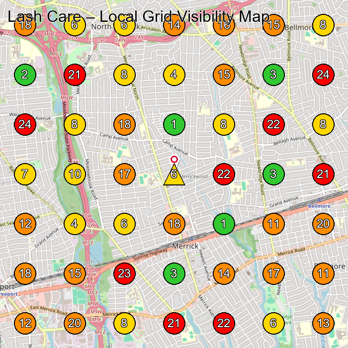 Lash Care Eyelash Salon GeoGrid ranking map for Merrick NY