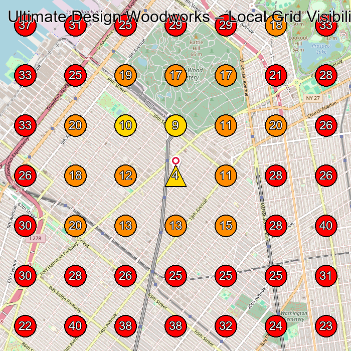Ultimate Design Woodworks GeoGrid visibility map for Woodworker in Brooklyn