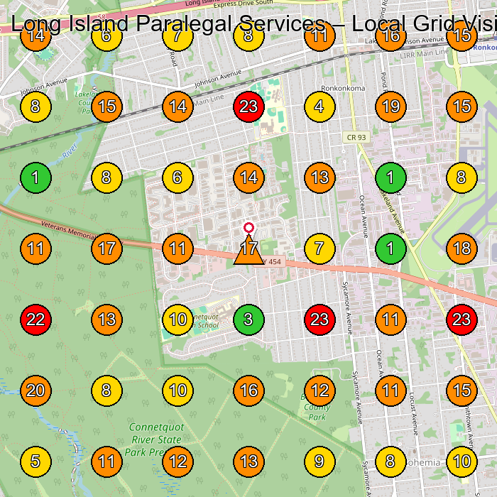 Long Island Paralegal Services Divorce Service GeoGrid ranking map for Ronkonkoma NY