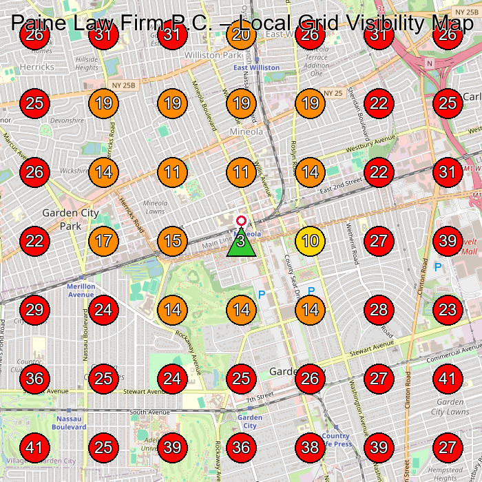 Paine Law Firm P.C. GeoGrid visibility map for Personal Injury Attorney in Mineola